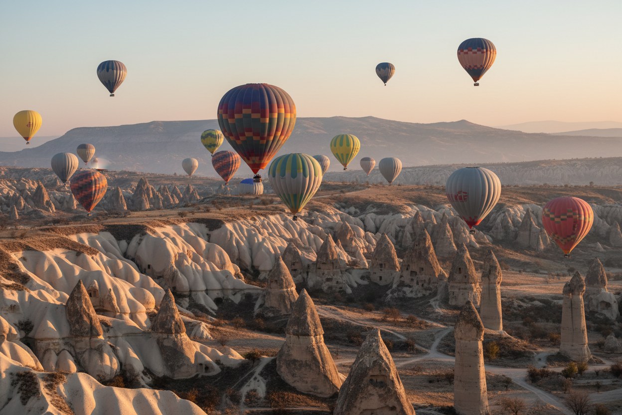 Şafak vaktinde vadi üzerinde tek balon