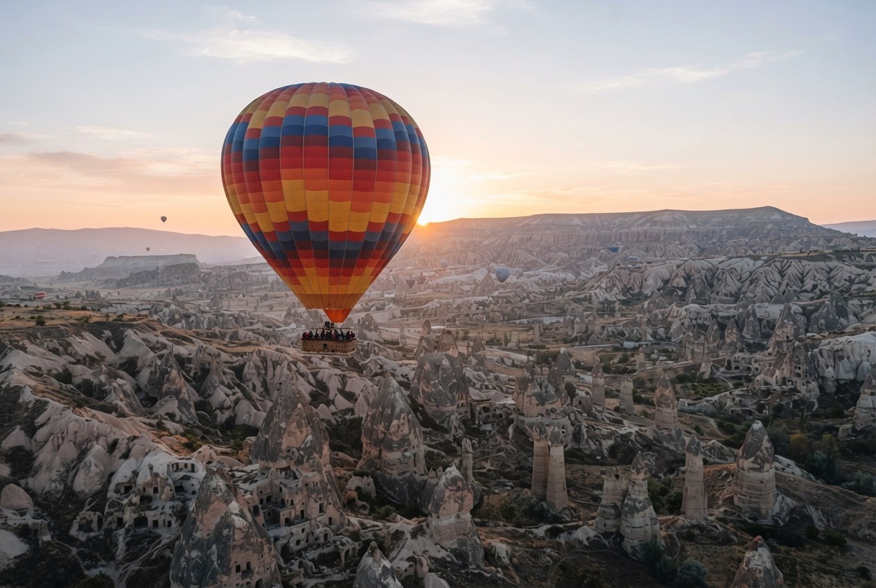 Şafak vaktinde tek balon, koyu vadinin üzerinde altın ışıkla yükseliyor