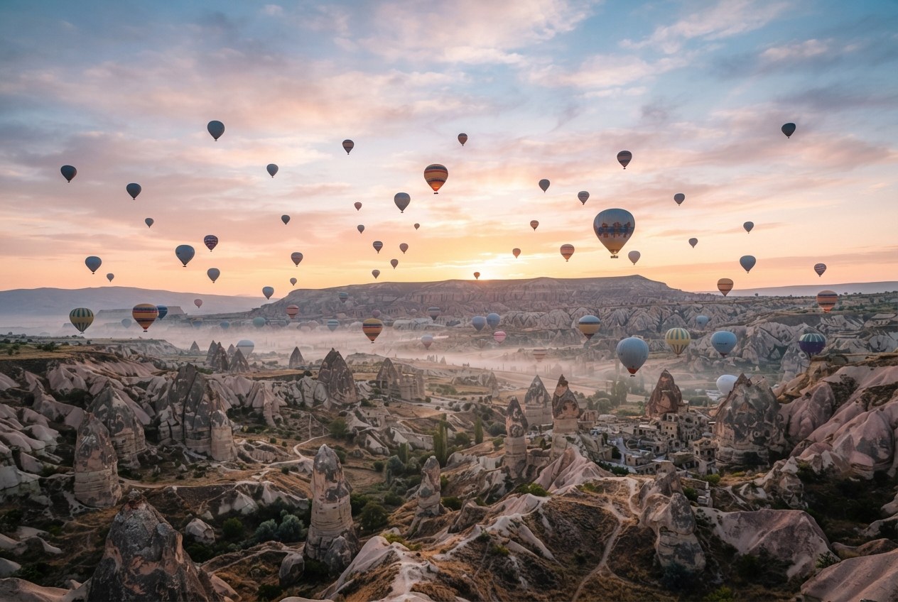 Peri bacaları üzerinde süzülen balon silueti