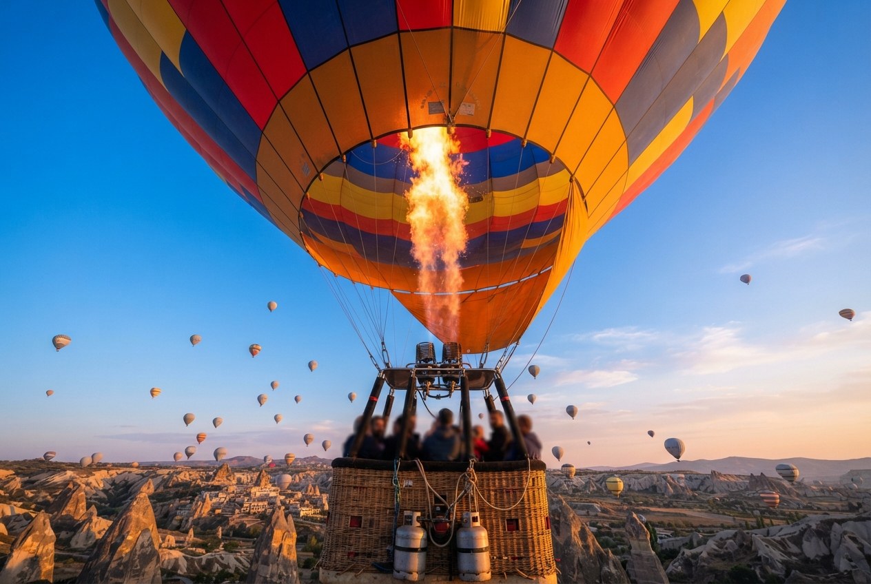Sisin arasından yükselen sıcak hava balonu