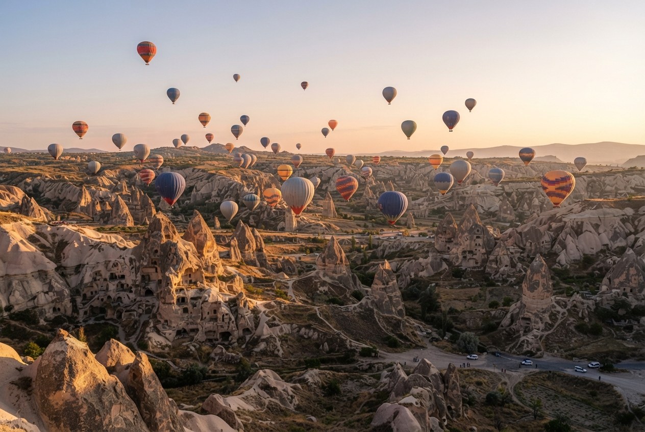 Altın gökyüzünde birkaç balonun uzaktan görünümü