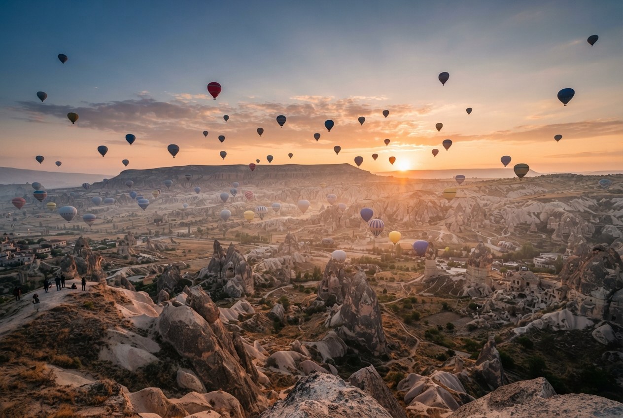 Şafağın son anında balon sepetinden ufuk manzarası